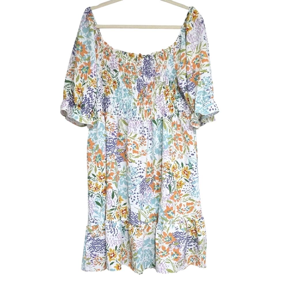 NWT Womens Sz 3XL Garden Gypsy Colorful Floral Smocked Beach Coastal Midi Dress